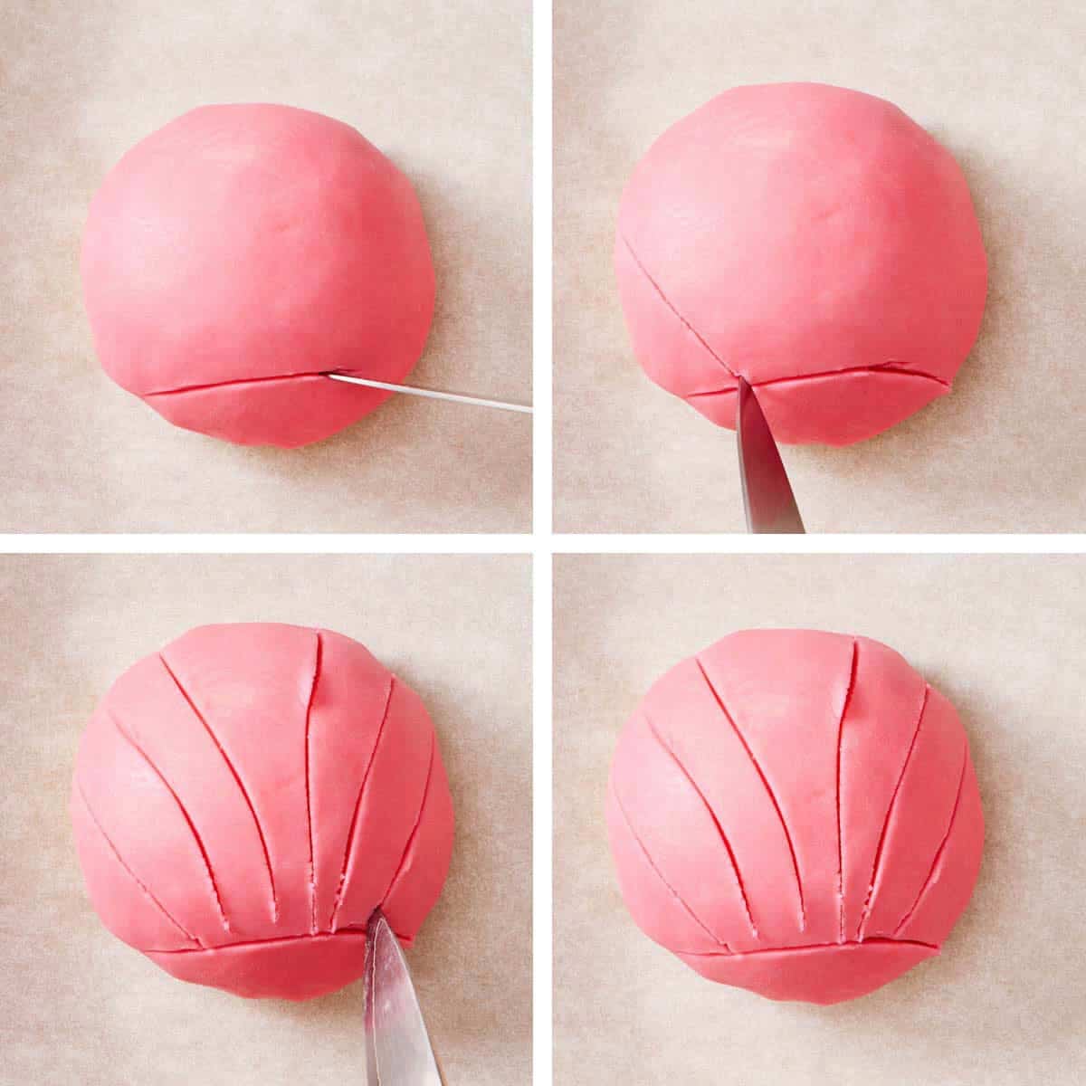 Set of four images showing shell pattern scored into concha topping.