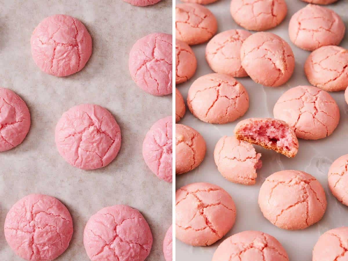 Two images showing cracked macaron shells on a countertop.