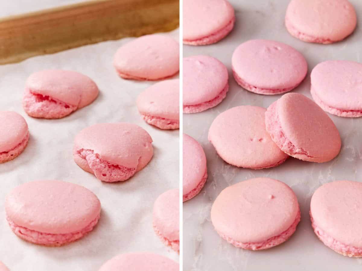 Side by side images showing slanted macaron shells.