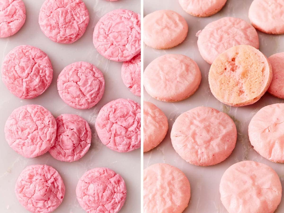 Side by side images of underbaked, wrinkled macaron shells.