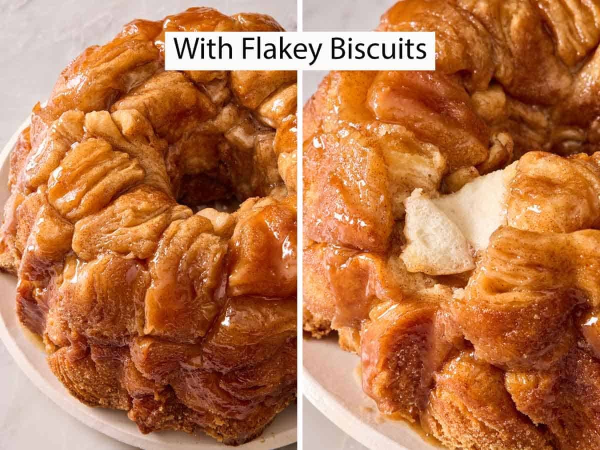 Two images showing monkey bread made with flaky biscuits.