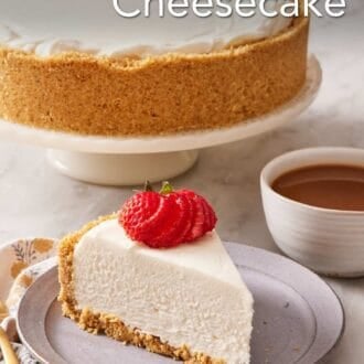 Pinterest graphic showing a slice of no-bake cheesecake alongside a cup of coffee. The rest of the cheesecake on a cake stand behind it.