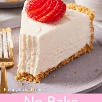 Pinterest graphic showing a close-up of a slice of no-bake cheesecake with a forkful taken out.
