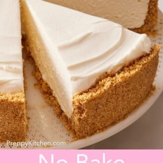Pinterest graphic showing a close-up of a no-bake cheesecake slice still with the rest of the cheesecake.