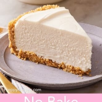 Pinterest graphic showing a slice of no bake cheesecake on a small plate.