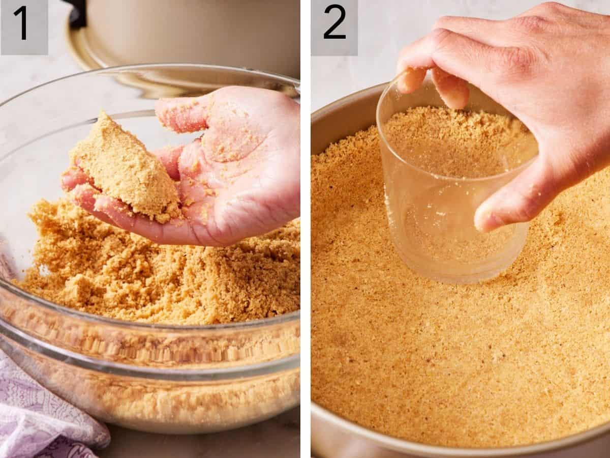 Set of two images showing graham cracker crust made and pressed into pan.
