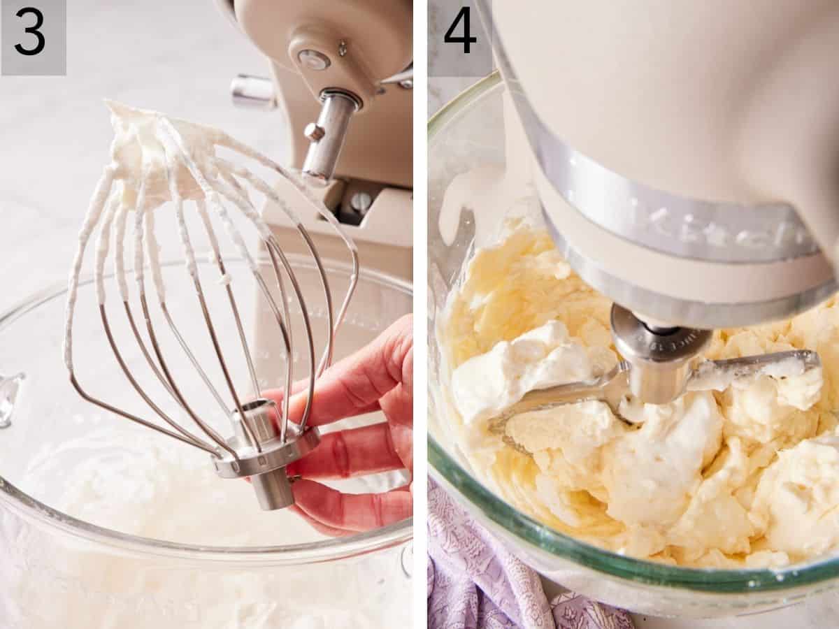 Set of two images showing cream whipped, and cream cheese added separately.