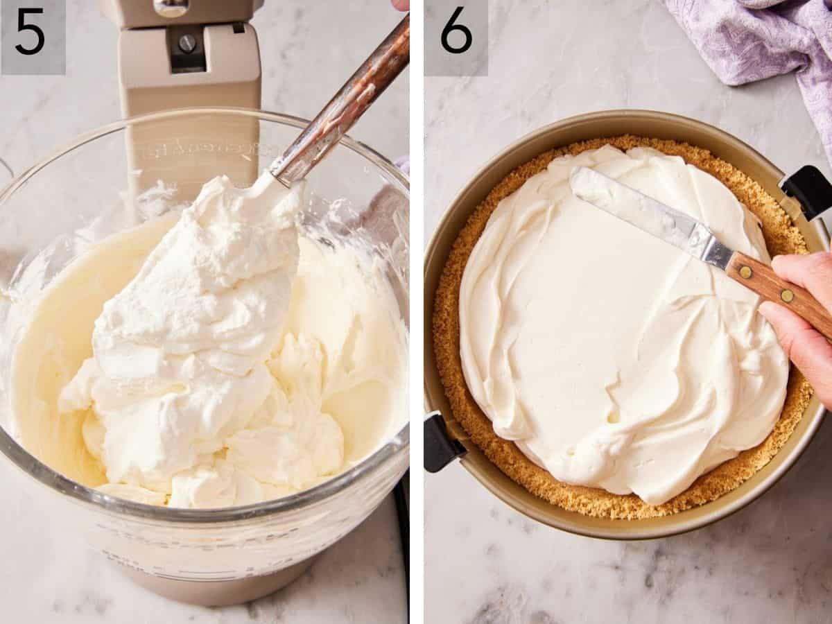 Set of two images showing whipped cream added back to cream cheese, and mixture filled in the crust.
