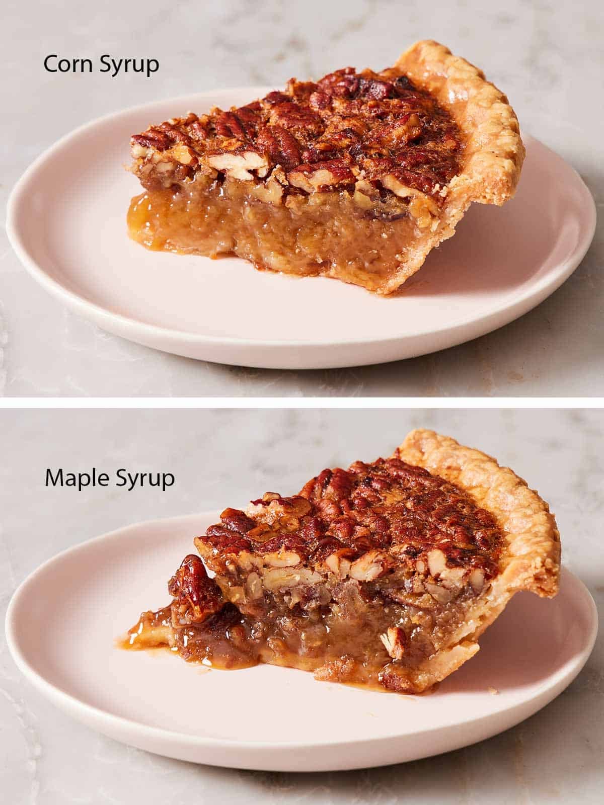 Comparison image showing pecan pie with filling made with corn syrup versus maple syrup.