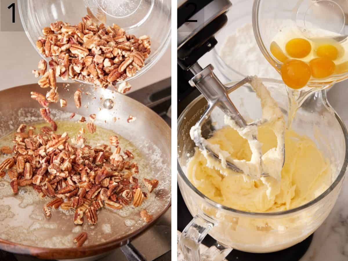 Set of two images showing pecans toasted in butter, and eggs added to batter.