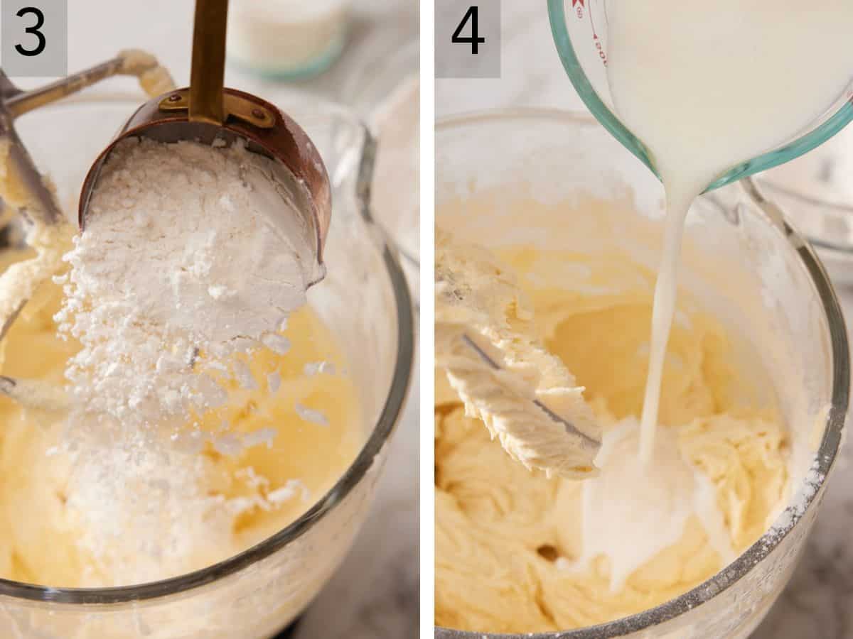 Set of two images showing flour added to mixer, and buttermilk added as well.