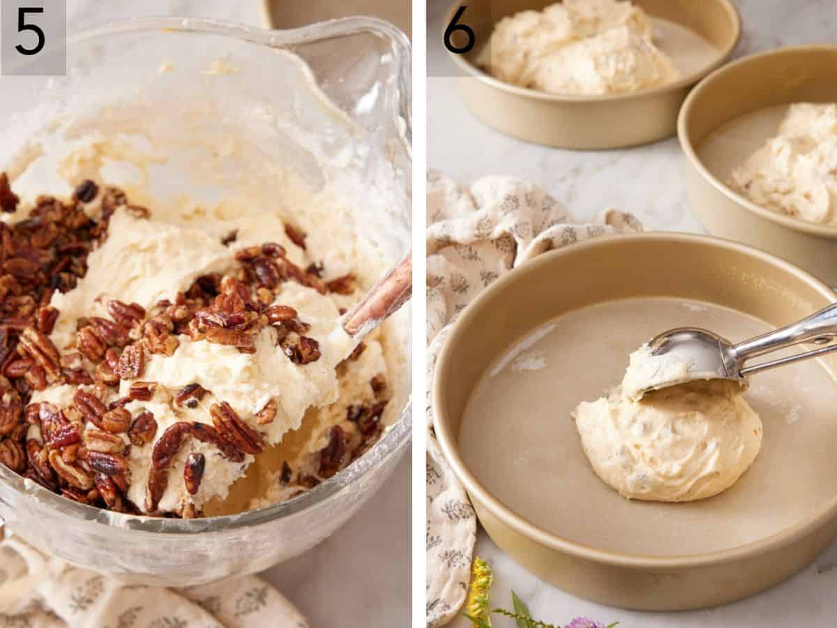 Set of two images showing pecans added to batter, and batter divided amongst baking pans.