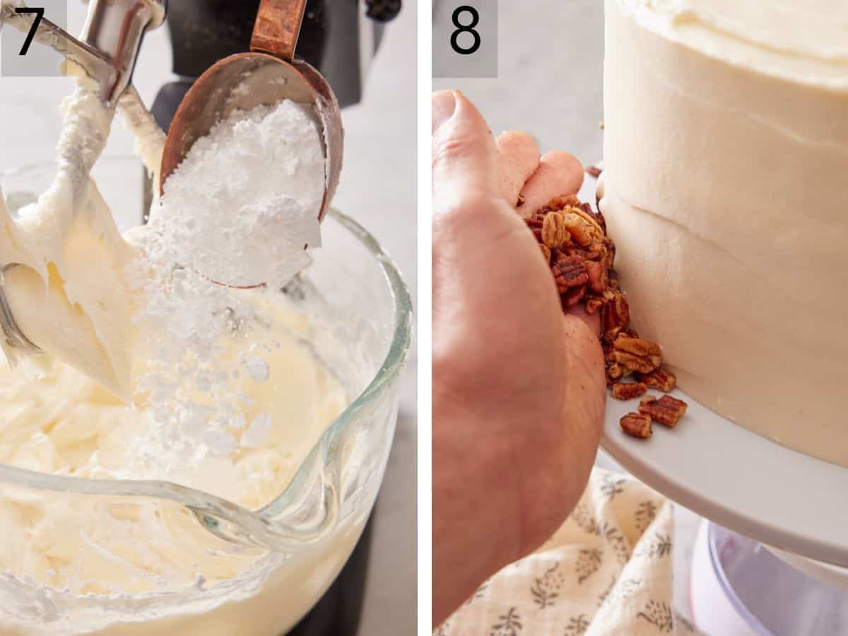 Set of two images showing frosting made in a mixer, and pecans pressed into the sides of the frosted cake.
