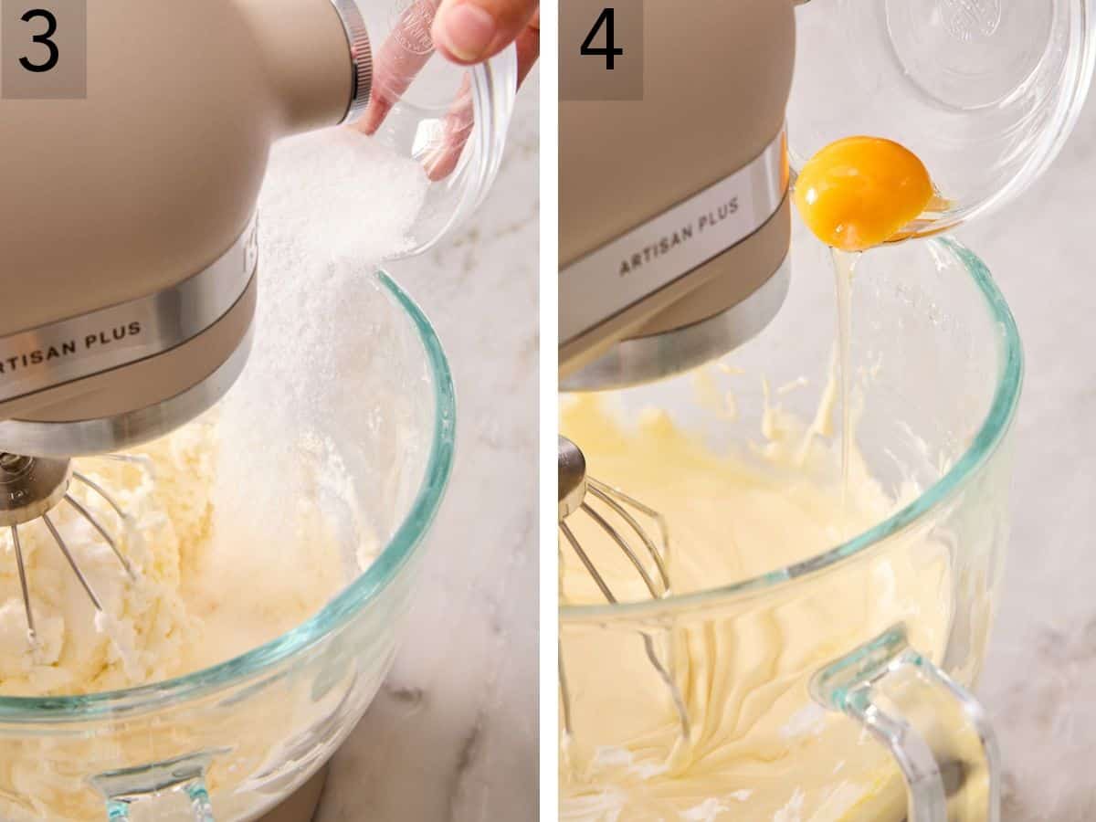 Set of two images showing sugar and egg added to the mixer.