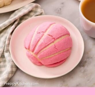 Pinterest graphic showing a concha on a plate with a cup of coffee next to it mostly out of frame.