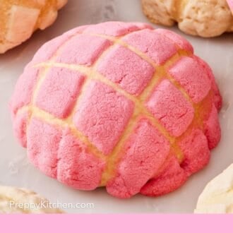 Pinterest graphic showing a close-up of a concha on a marble countertop.