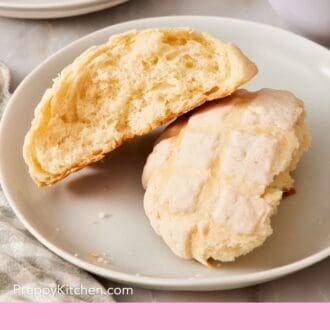 Pinterest graphic showing a concha torn in half on a small plate.