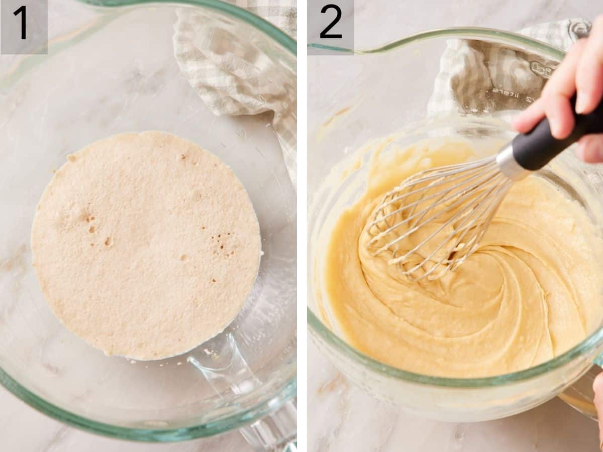 Set of two images showing yeast bloomed, and dough mixed together.