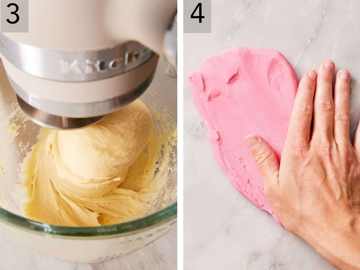 Set of two images showing dough balled around hook, and topping paste made.