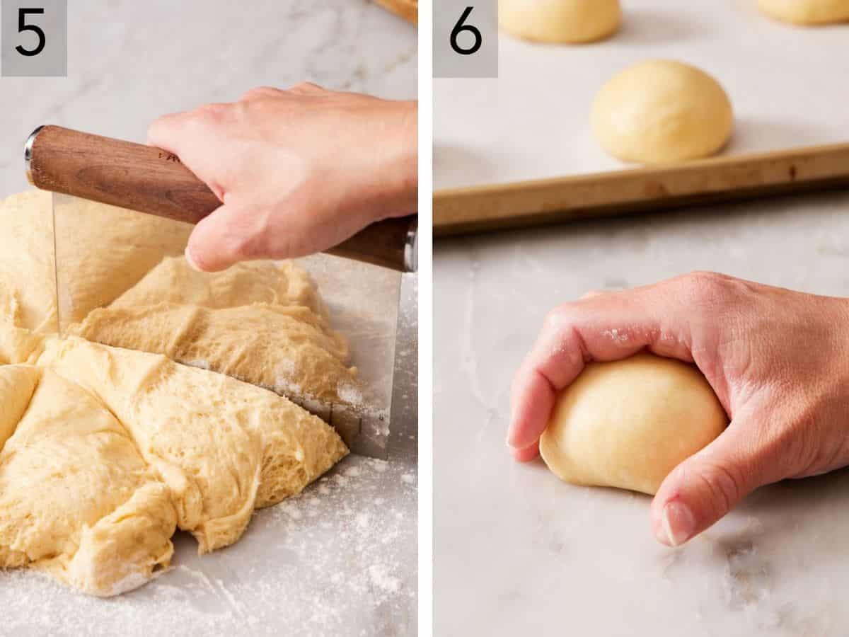 Set of two images showing dough cut into 12, and rolled into balls.