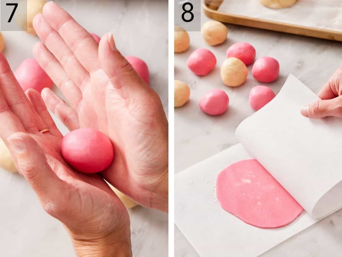 Set of two images showing topping divided and rolled into balls, then rolled out between pieces of parchment paper.