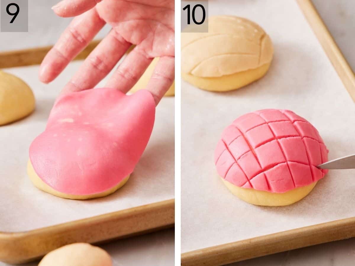 Set of two images showing topping placed on dough ball, and pattern scored on the topping.