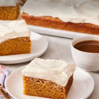 Pinterest graphic showing a slice of pumpkin cake on a plate alongside a cup of coffee and more slices of cake.