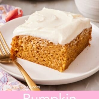 Pinterest graphic showing a slice of pumpkin cake on a plate with a fork next to a cup of coffee.