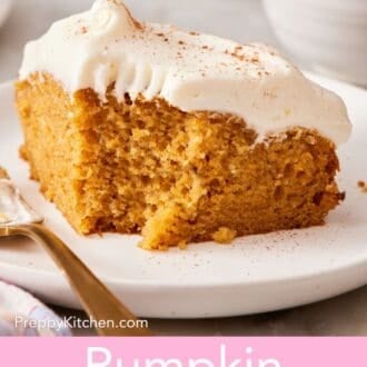Pinterest graphic showing a slice of pumpkin cake with a forkful removed.