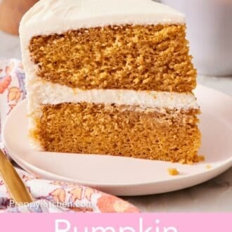 Pinterest graphic showing a slice of frosted pumpkin layer cake on a small plate.