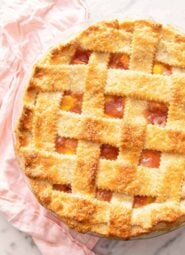 Overhead view of a baked pie with lattice crust.